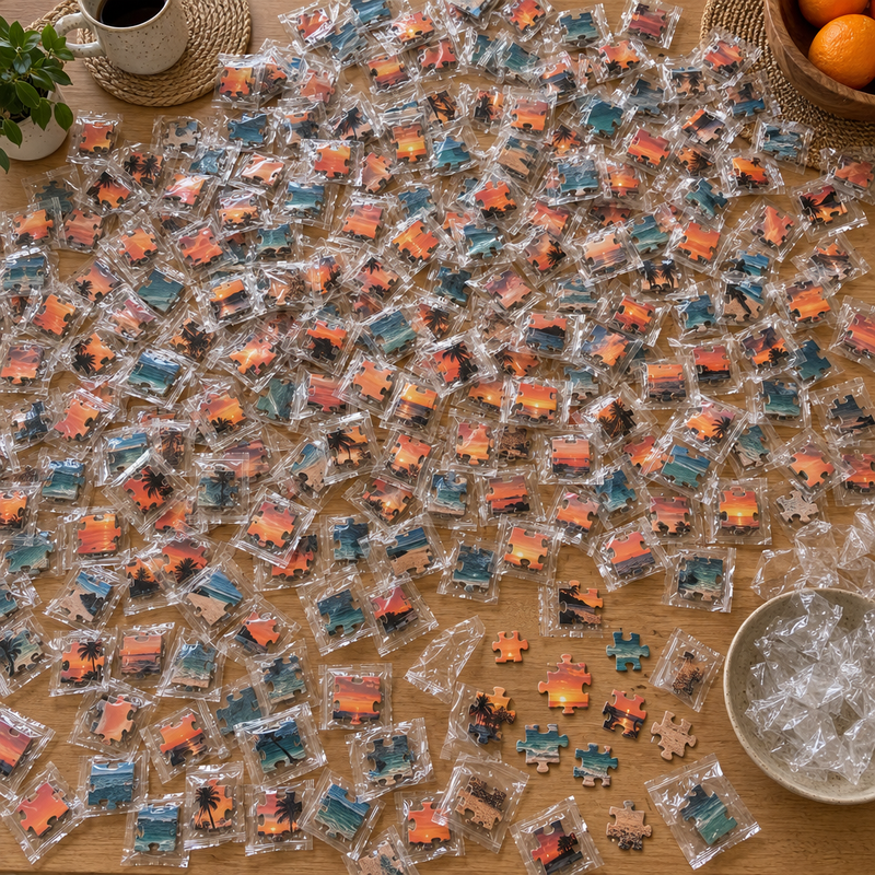 Tisch voller einzeln verpackter Puzzleteile