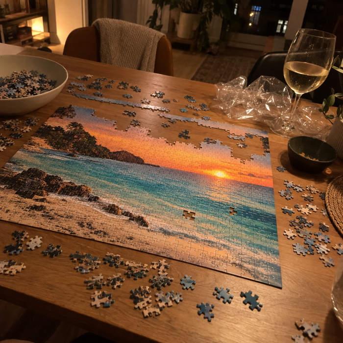 Halb fertiges Puzzle mit Sonnenuntergang am Strand auf dem Esstisch