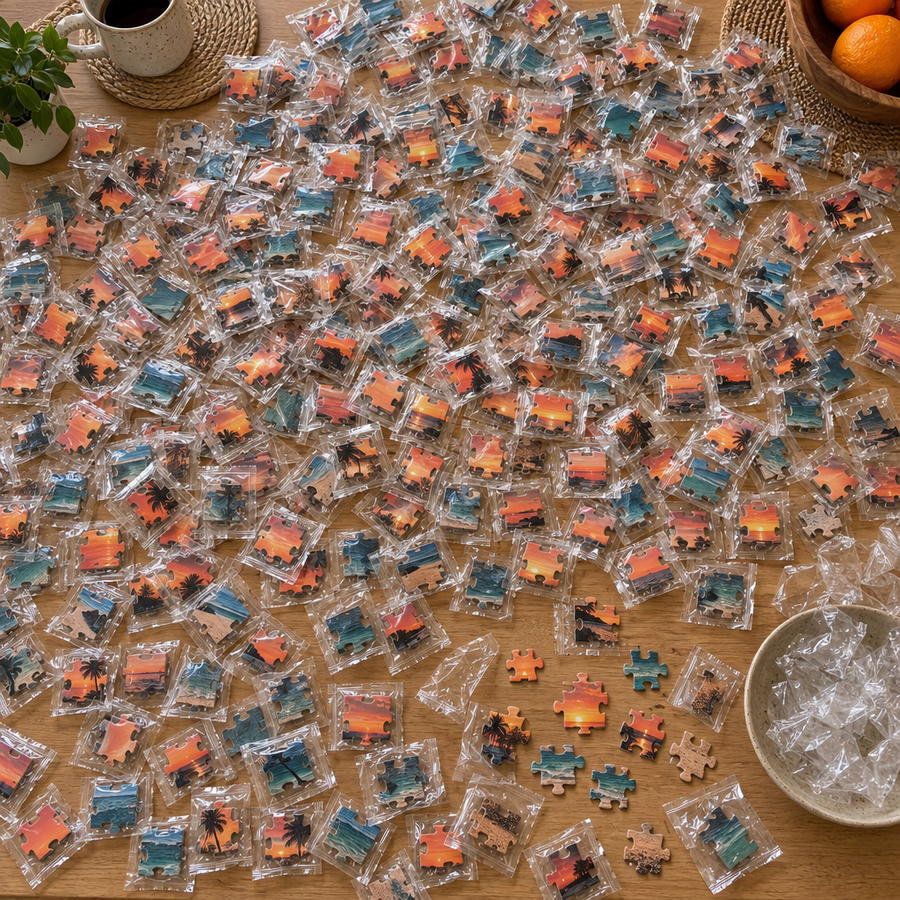 Tisch voller einzeln verpackter Puzzleteile