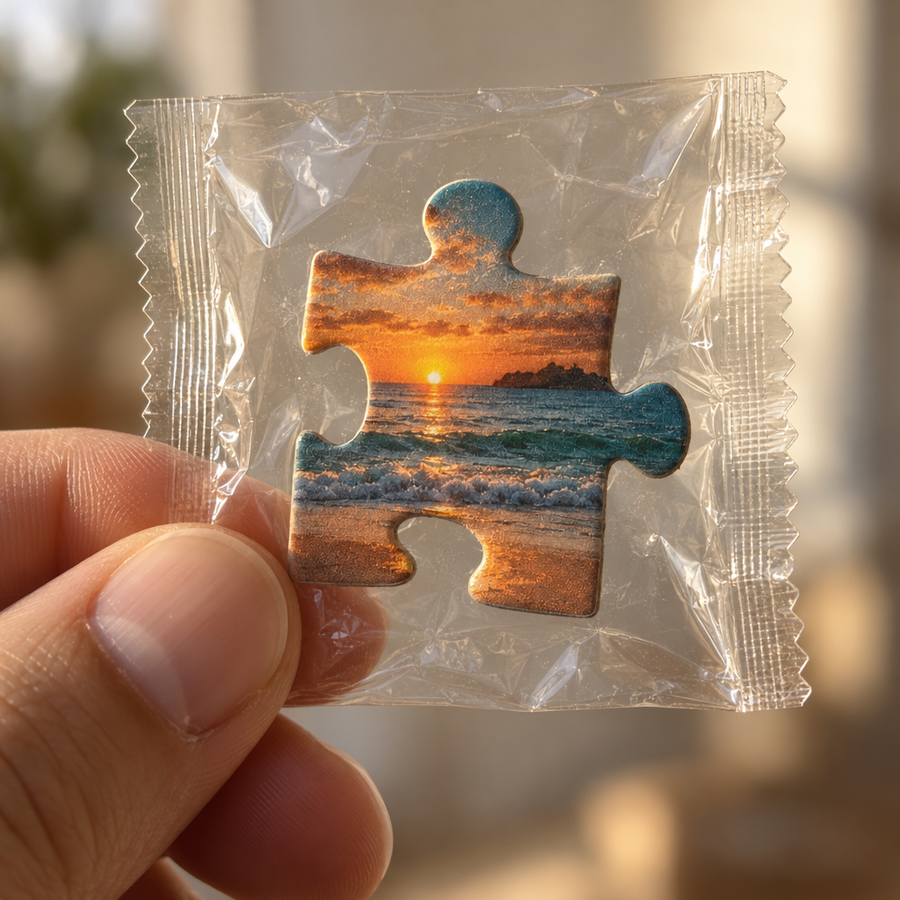Einzelnes Puzzleteil in eigener Folienverpackung