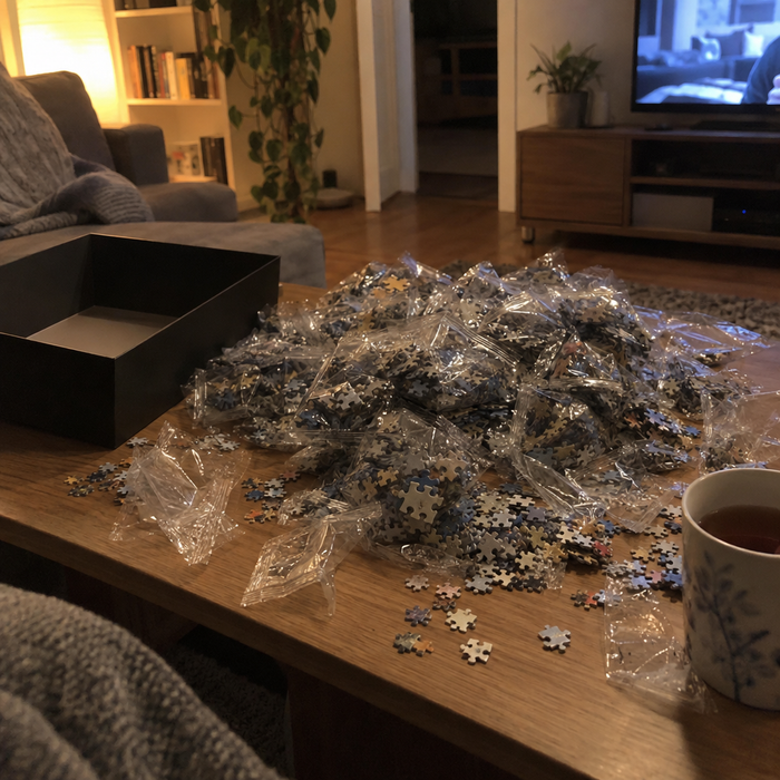 Wohnzimmertisch voller einzeln verpackter Puzzleteile