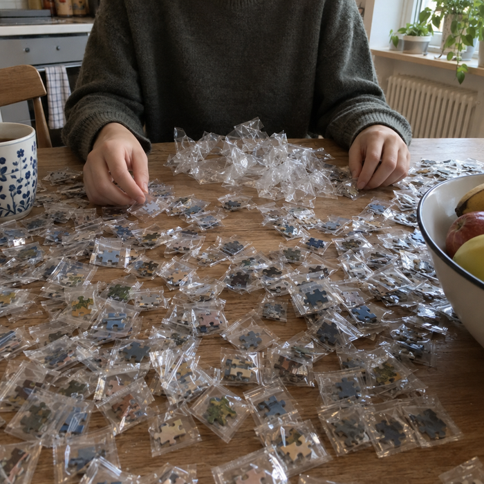 Person am Küchentisch zwischen hunderten verpackten Puzzleteilen